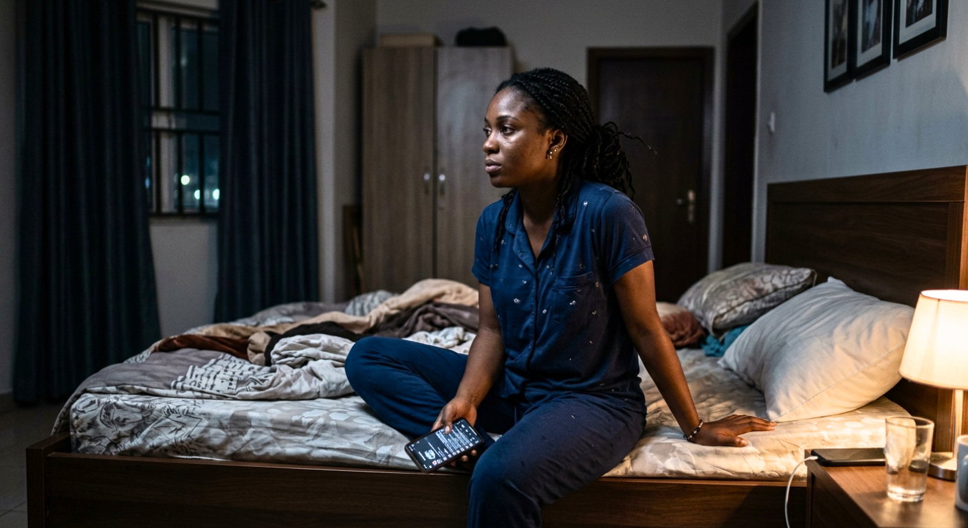 A woman sitting on the edge of her bed at night, looking anxious and lost in thought